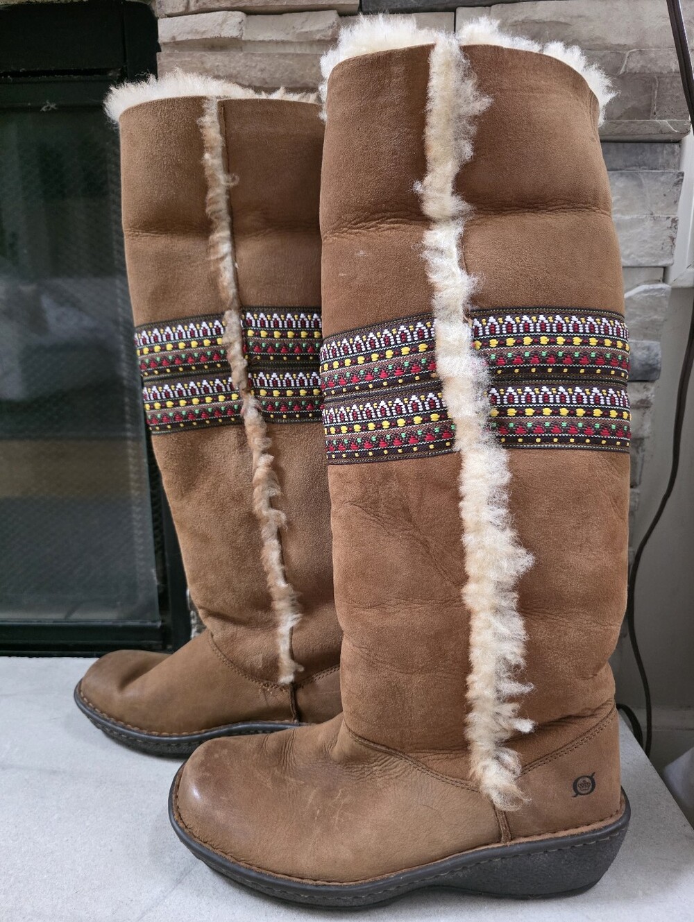 Born Vtg Style Tall Knee High Shearling Lined Leather Boots Brown Boho Size 8.5